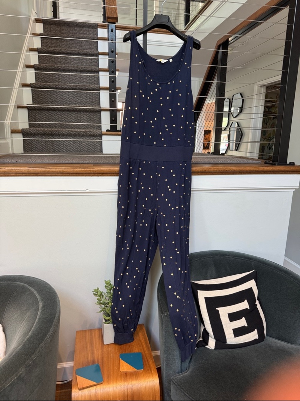 Boden Navy Sleeveless Jumpsuit with Cream Polka Dots